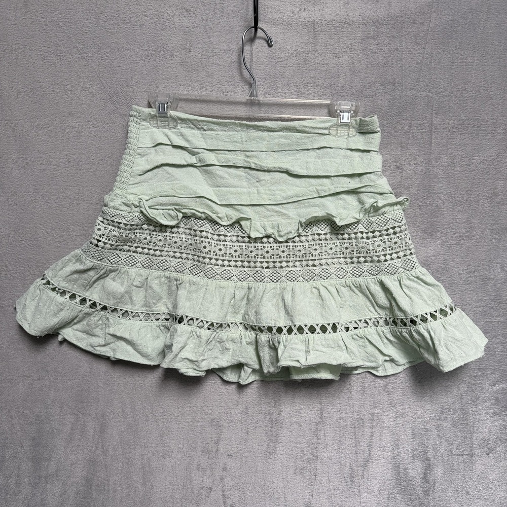 Mi Ami Skirt Womens Medium‎ Green Lace Ruffle Peasant Short Lined Boho Knit
